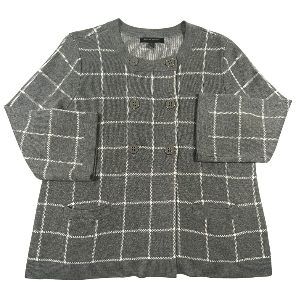 Banana Republic 3/4 Slv Cardigan Women PS Grey Windowpane Double Breasted Knit